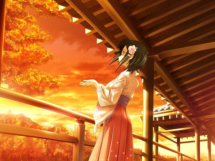 anime girls, sunset, kimono, alone, HD wallpaper