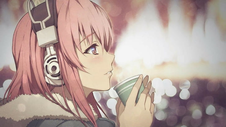Nitroplus, Super Sonico, pink hair, profile, anime girls, headphones