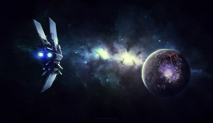 gray ship and planet wallpaper, space, spaceship, nebula, destruction