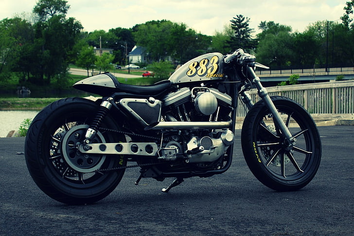 black and white cruiser motorcycle, Cafe Racer, Harley-Davidson