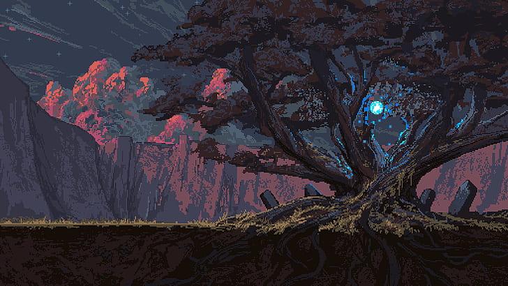 trees, roots, magic, Noah Bradley, pixel art, HD wallpaper