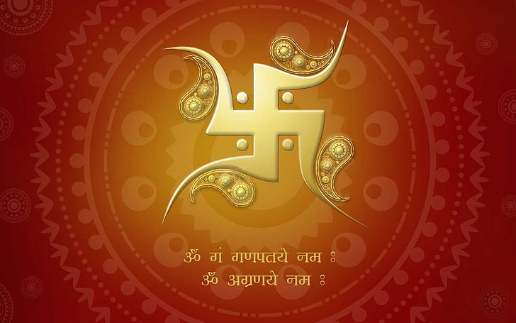 Swastika Symbol, red and yellow Sanskrit illustration, Religious