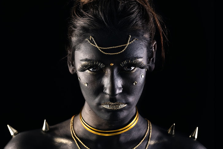women, fantasy art, face, gold, black background, studio shot