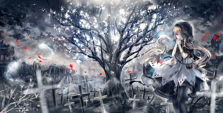 Anime, Original, Blonde, Graveyard, Night, Red Eyes, Tree
