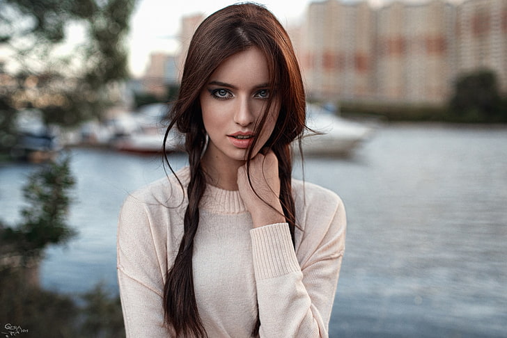 women's beige crew-neck sweater, model, portrait, face, Georgy Chernyadyev, HD wallpaper