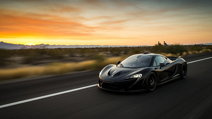 McLaren P1, car, motion blur, road, sunset, transportation, HD wallpaper