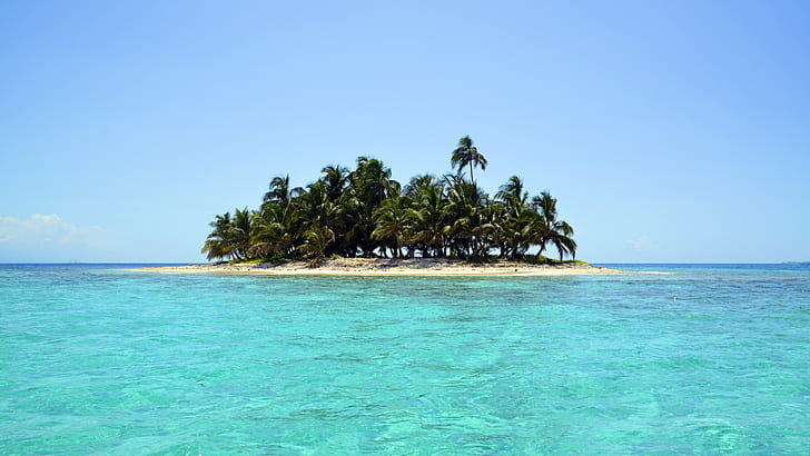 blue sky, unoccupied, uninhabited, deserted island, uninhabited island