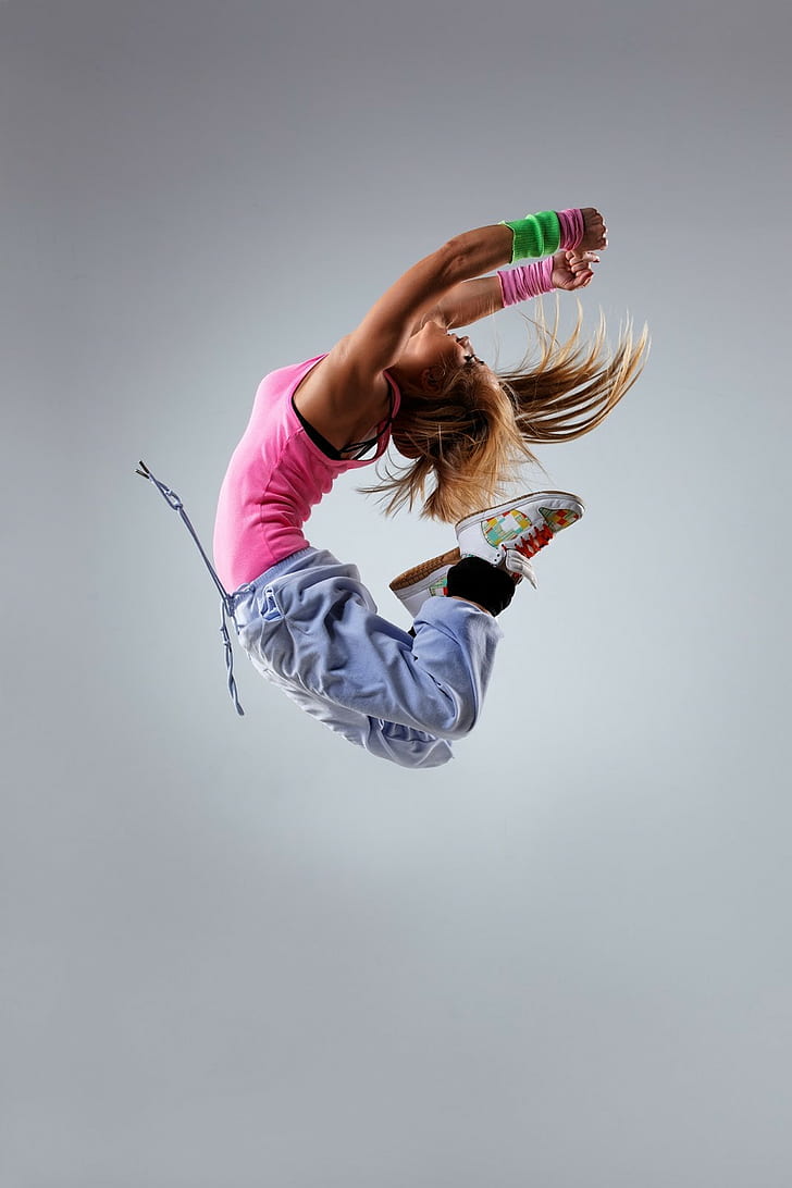 dancing, breakdance, dancer, women, blonde, jumping, pink tops, HD wallpaper