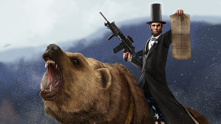 Abraham Lincoln riding bear illustration, bears, gun, Grizzly Bears