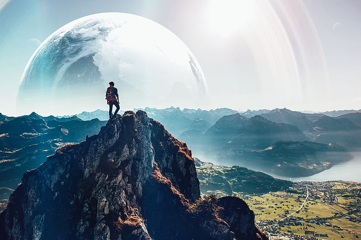 person standing on rock mountain illustration, landscape, planet