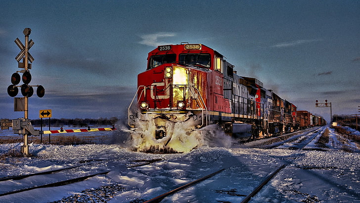 red and brown train, railway, winter, freight train, snow, diesel locomotive