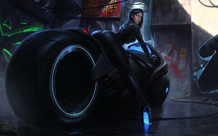 woman riding motorcycle illustration, ass, digital art, futuristic