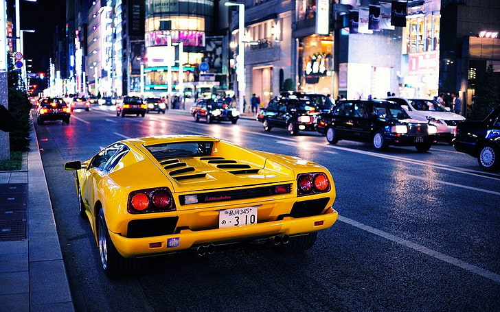 yellow Lamborghini sports car, Lamborghini Diablo, Japan, yellow cars
