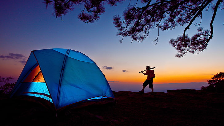 tent, camping, man, branch, sunset, sky, nature, orange sky, HD wallpaper
