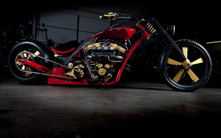 red and black chopper motorcycle, bike, stylish, wheel, engine, HD wallpaper