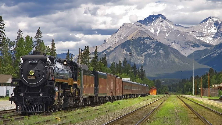 brown and black train, Alberta National Park, steam locomotive