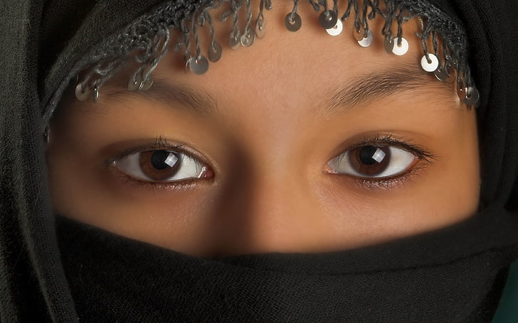black niqab headdress with sequin, eyes, brown eyes, veils, portrait