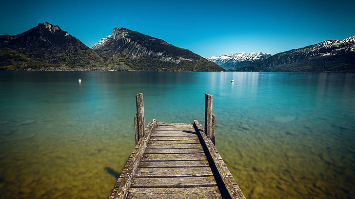 brown wooden dock, landscape, mountains, bridge, water, reflection, HD wallpaper