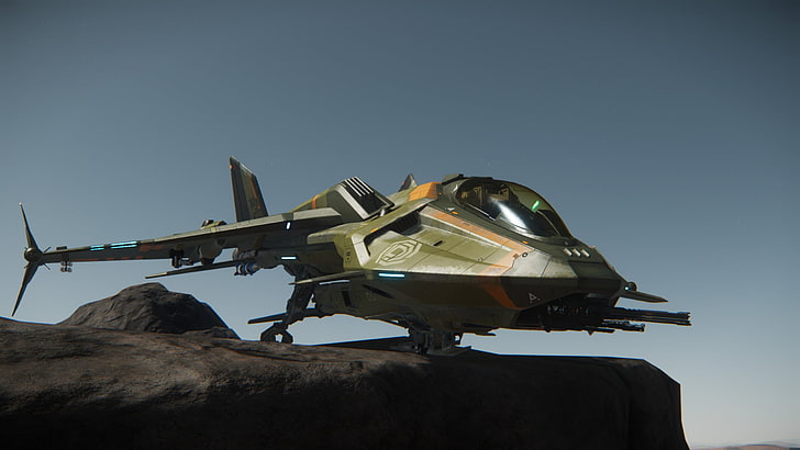 olive-green helicopter, Star Citizen, video games, spaceship, HD wallpaper