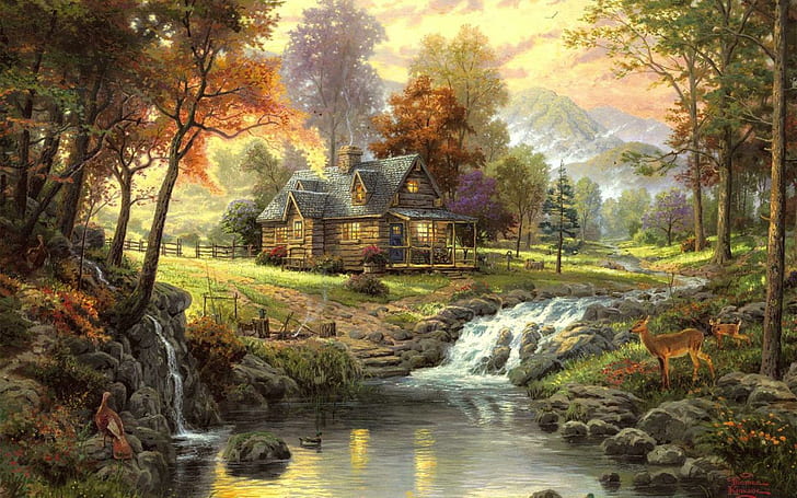 landscape, painting, art, house, forest, river, animals
