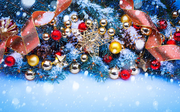 assorted-color Christmas baubles, snow, Christmas ornaments, ribbon, HD wallpaper