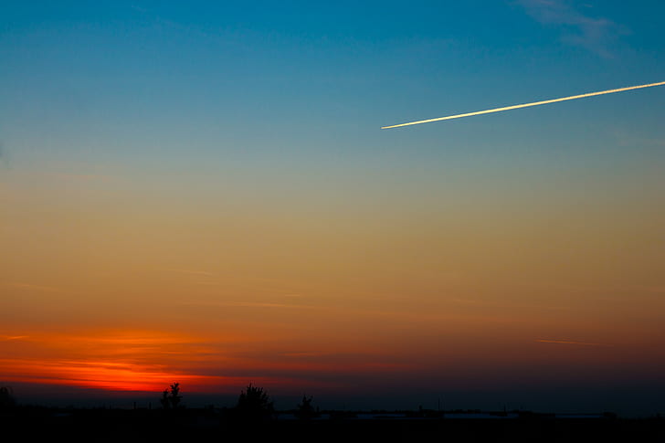 clouds, sky, airplane, contrails, HD wallpaper
