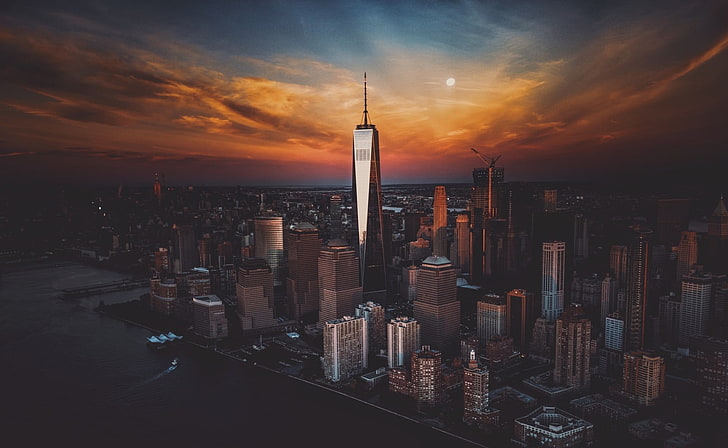 One World Trade Center, New York, aerial view of city during sunset, HD wallpaper