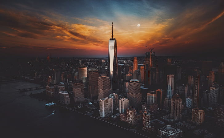 cityscape, One World Trade Center, sunset, New York City, skyscraper, HD wallpaper