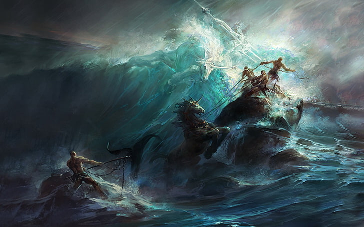 illustration of people riding chariot at sea, fantasy art, painting