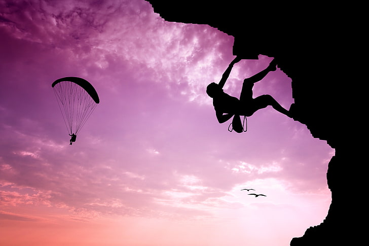 silhouette of person rock climbing, the sky, landscape, sunrise, HD wallpaper