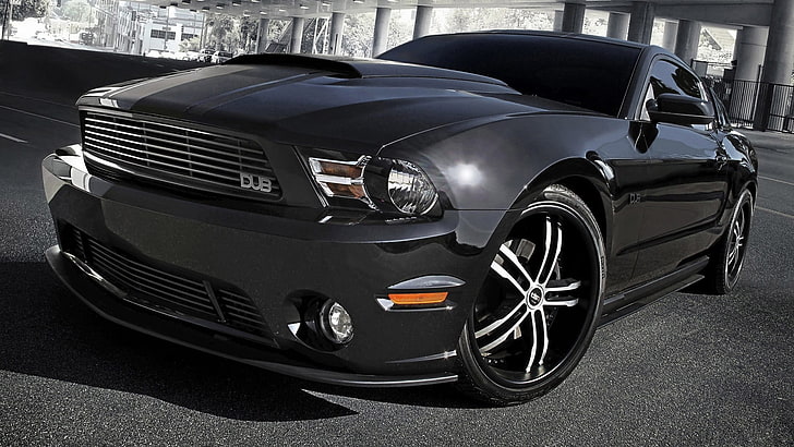 black Ford Mustang, black cars, vehicle, mode of transportation