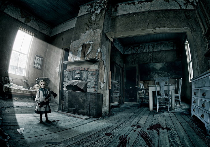 girl holding axe digital wallpaper, doll, interior, spooky, architecture