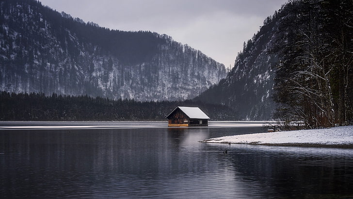 landscape photo of cabin, nature, cottage, lake, mountains, forest