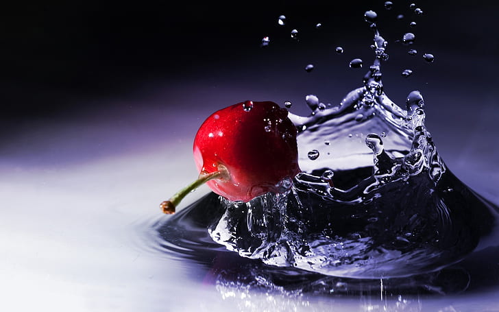 Fruit, cherry splash water, drops, HD wallpaper