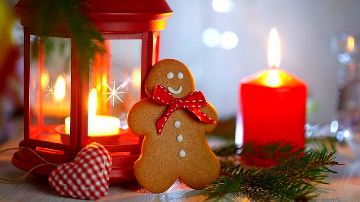 Gingerbread man cookie, New Year, Christmas, candles, heart, lantern, HD wallpaper