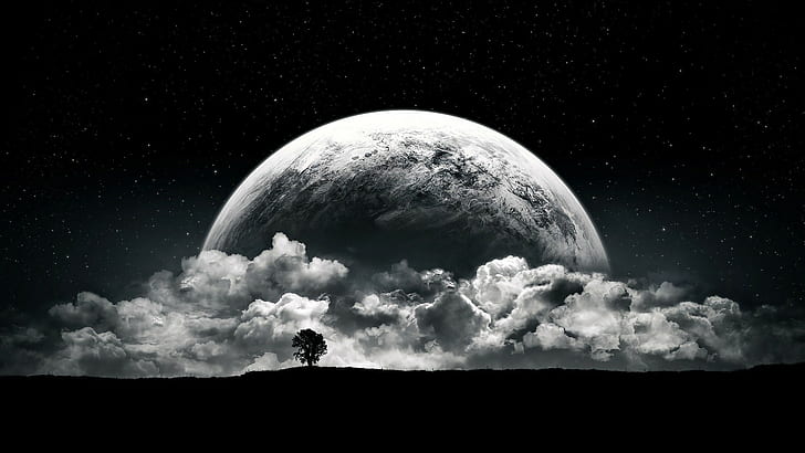HD wallpaper: planet, Moon, clouds, stars, night, black, white, space,  monochrome | Wallpaper Flare