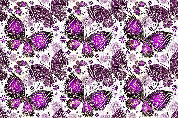 white and purple butterfly print wallpaper, pattern, wings, backgrounds, HD wallpaper