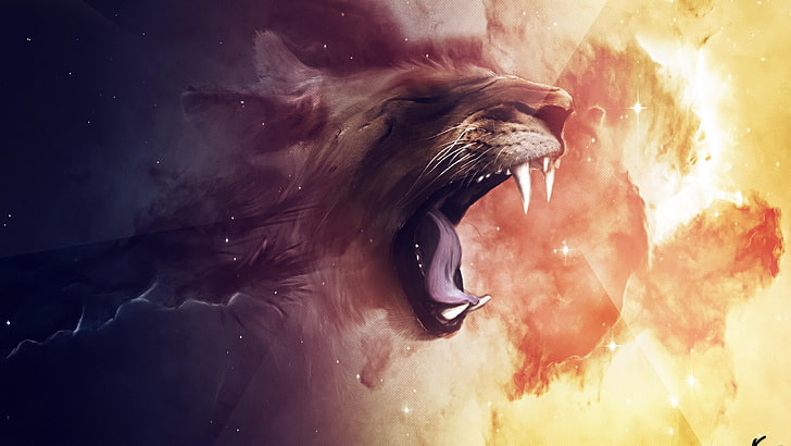 lion, lion roar, abstract, orange, teeth, smoke, art, animal, HD wallpaper