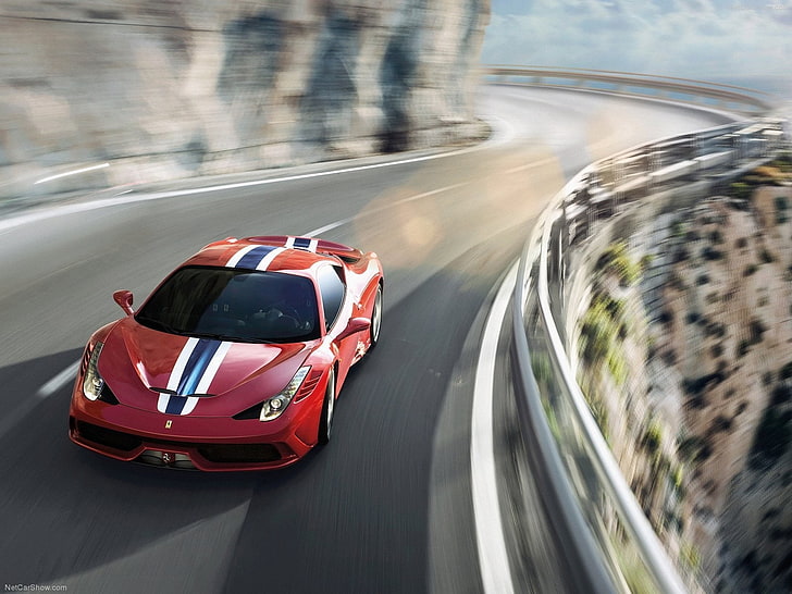 red and black sports car, Ferrari 458 Speciale, red cars, road, HD wallpaper