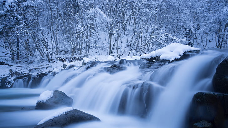 winter, waterfall, ice, snow, nature, HD wallpaper