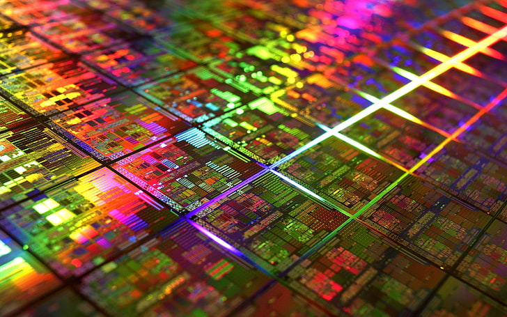 DIE, microchip, geometry, technology, CPU, PCB, IT, gold, colorful, HD wallpaper