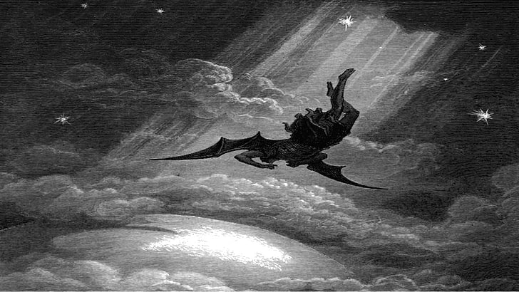Batman illustration, fallen angel, Lucifer, nature, water, sea