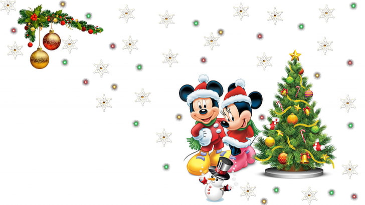mickey mouse, mickey, snowflake, minnie, pretty lights, snowman, christmas tree, HD wallpaper