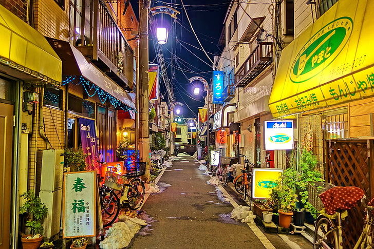 yellow and brown storefront, Japan, cityscape, building, Asia