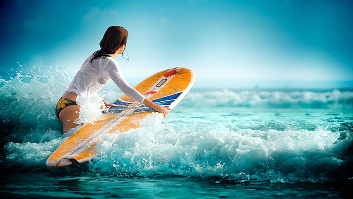 yellow and blue surfboard, sea, wave, water, girl, sport, Surfing, HD wallpaper