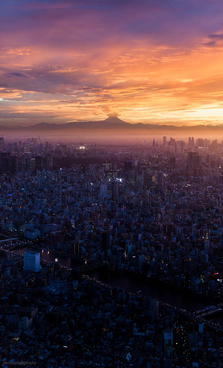 sunset, clouds, Tokyo Prefecture, cityscape, volcano, Mount Fuji, HD wallpaper