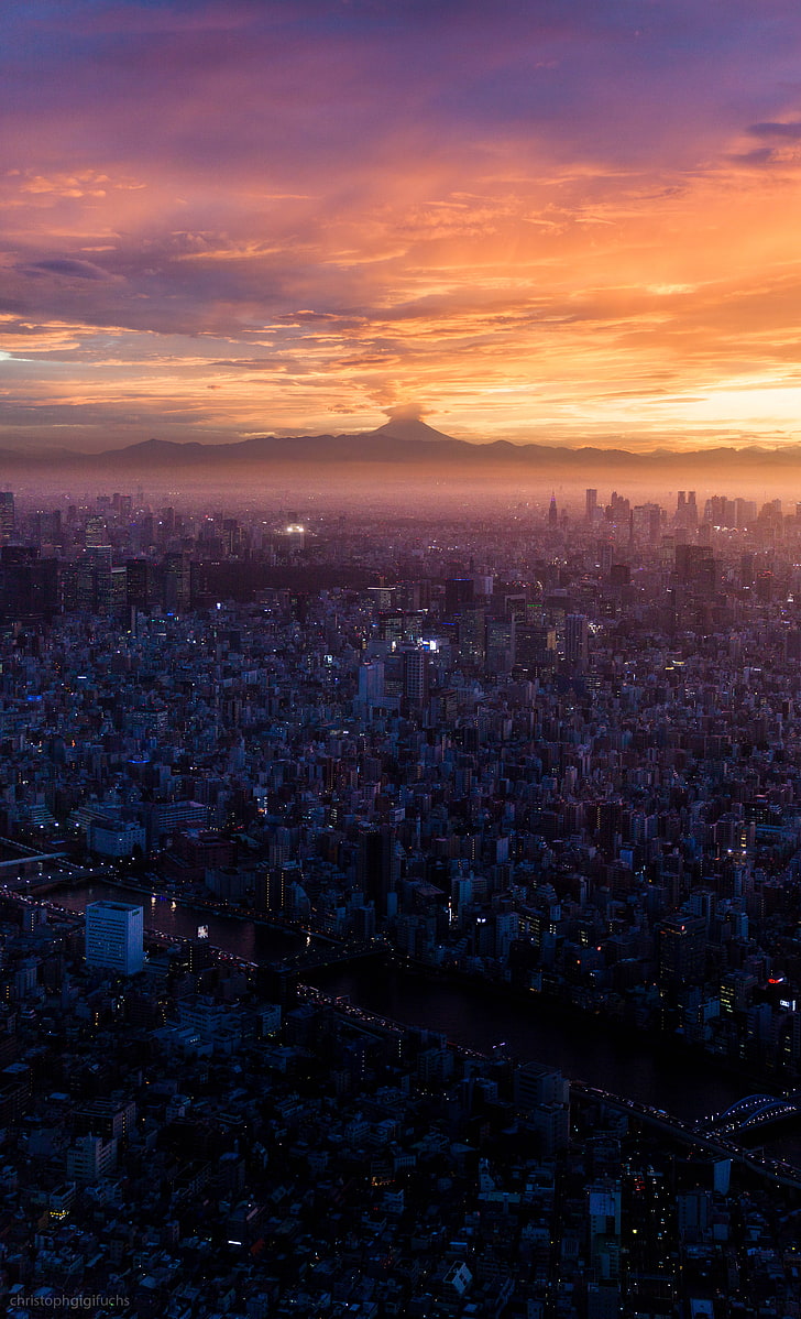 grya building lot, sunset, Mount Fuji, cityscape, horizon, volcano