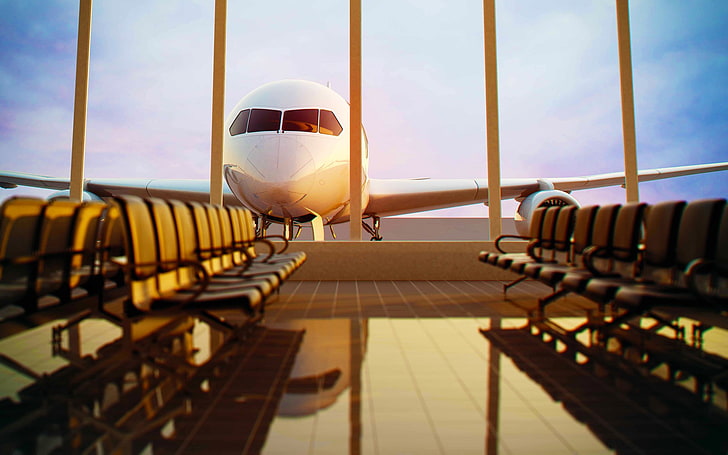 airplane, passenger aircraft, chair, airport, empty, window, HD wallpaper