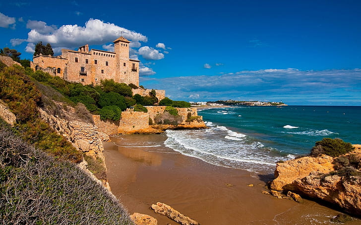 Tarragona, Costa Dorada, Catalonia, Spain, castle, sea, rocks, HD wallpaper