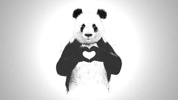 panda digital wallpaper, artwork, heart, animals, monochrome